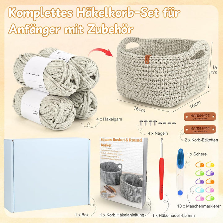 CoopayHäkelset für Anfänger: SquareKörbe Häkel Set mit Anleitung, DIY Häkeln Lernen mit 4,5mm-Nadeln