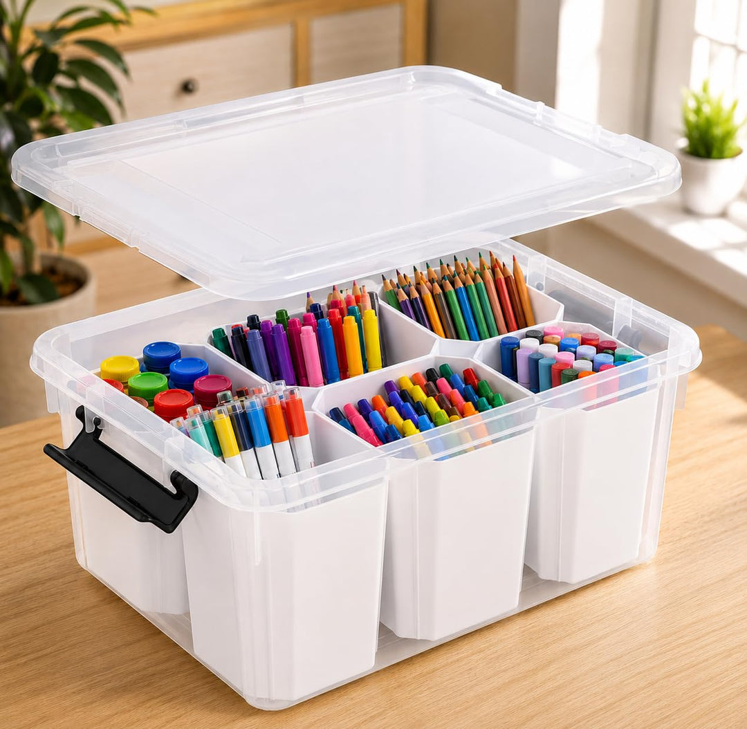 Aufbewahrungsbox mit Deckel, Transparent, Kunststoff Organizer mit 6 Fächern für Stifte und Bastelma