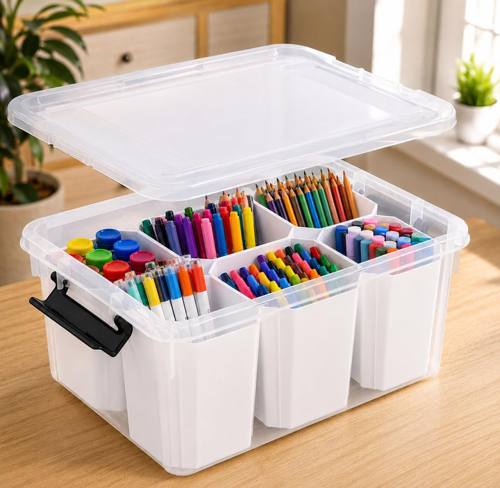 Aufbewahrungsbox mit Deckel, Transparent, Kunststoff Organizer mit 6 Fächern für Stifte und Bastelma