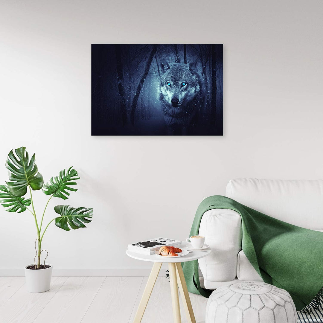 Wandbild Wald Modern Deko Kunst Bilder Wolf Blau 90x60 cm Deko Paneel 90x60 cm Blau_b, Deko Paneel 9