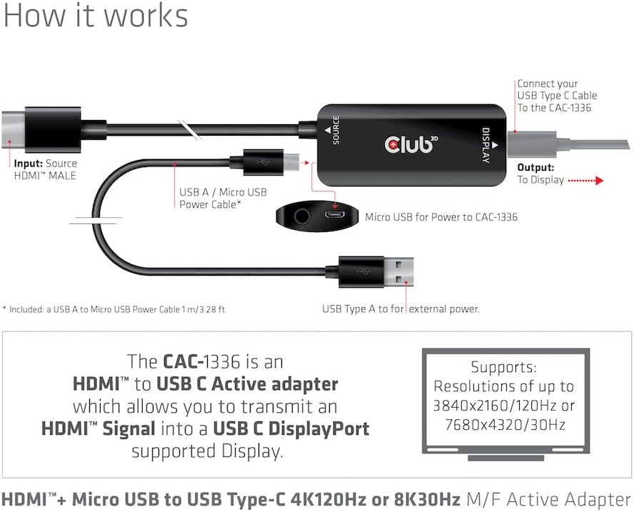 Club 3D CAC-1336 HDMI+ Micro USB auf USB Typ-C 4K120Hz oder 8K30Hz M/F Aktiver Adapter, CAC-1336