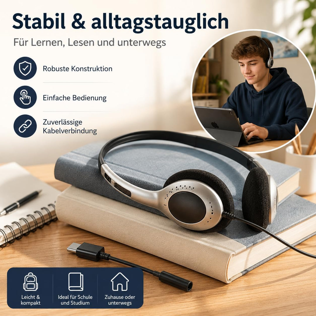 Stabile Retro Kopfhörer, Kabelgebunden, Silber Vintage Design, Kompatibel mit PC, Smartphones und Ta