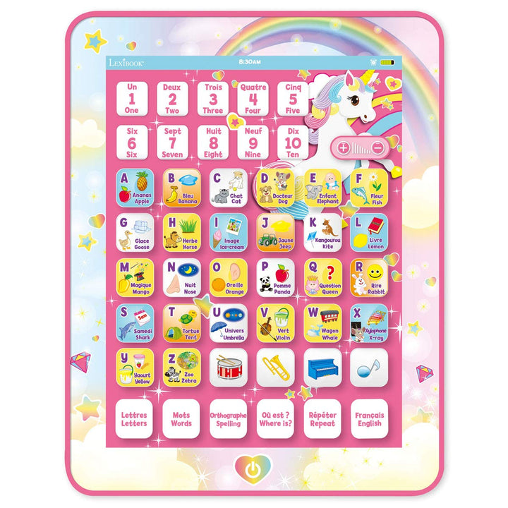 Lexibook JCPAD002UNIi1 Bilingual Unicorn Learning Tablet - Vocabulary and Music - Pink - JCPAD002UNI