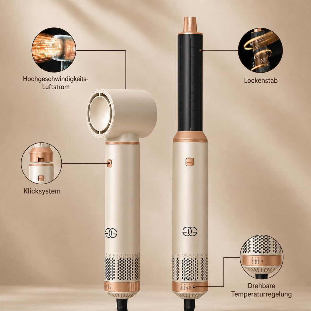 Airstyler 5-in-1 Lockenstab, Golden Goods Hairstyler Set mit Warmluftbürste, Glättbürste, 1000W Haar