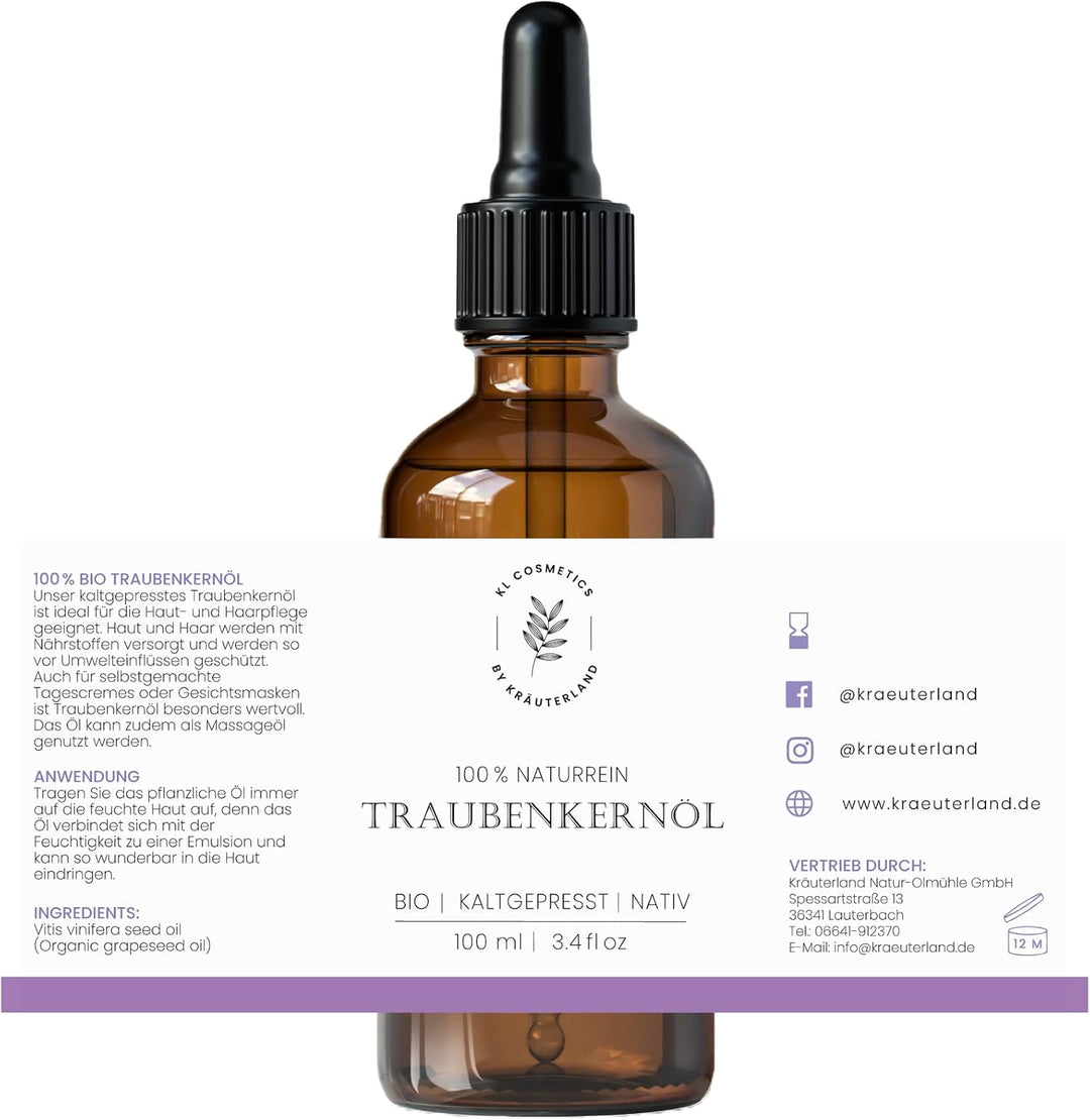 Kräuterland - Traubenkernöl Bio Hautöl 100ml - 100% rein, kaltgepresst - Pflege für Gesicht, Körper,