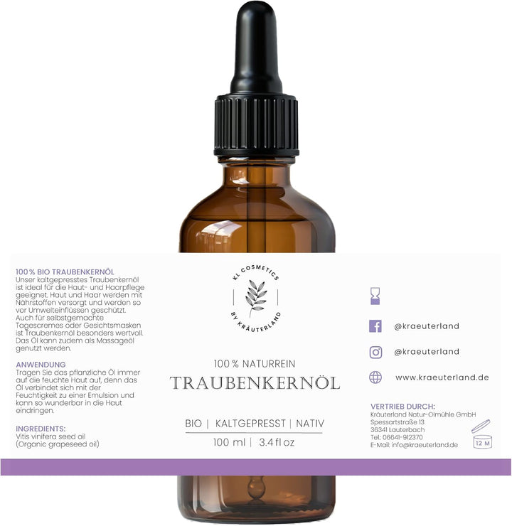 Kräuterland - Traubenkernöl Bio Hautöl 100ml - 100% rein, kaltgepresst - Pflege für Gesicht, Körper,