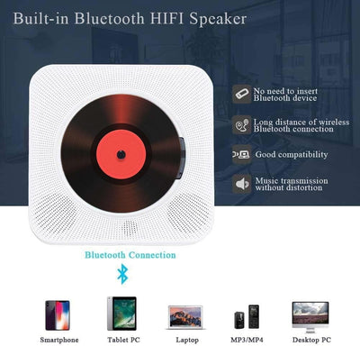 Tragbarer CD-Player mit an der Wand montierbaren Bluetooth-HiFi-Lautsprechern, Home-Audio-Boombox mi