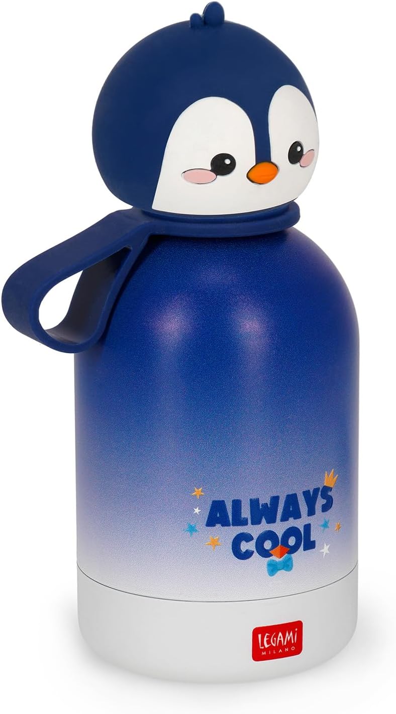 Legami - Hot&Cold BFF Kinder-Wasserflasche, Penguin-Motiv, doppellagig aus 18/8 Edelstahl mit luftdi