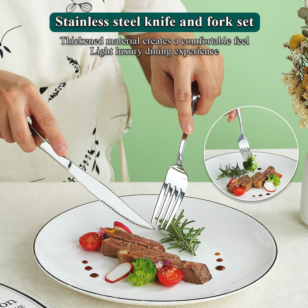 Evanda Steakbesteck 12 teilig, Edelstahl 6 Tafelgabeln und 6 Tafelmesser Set, Steakmesser Steakgabel