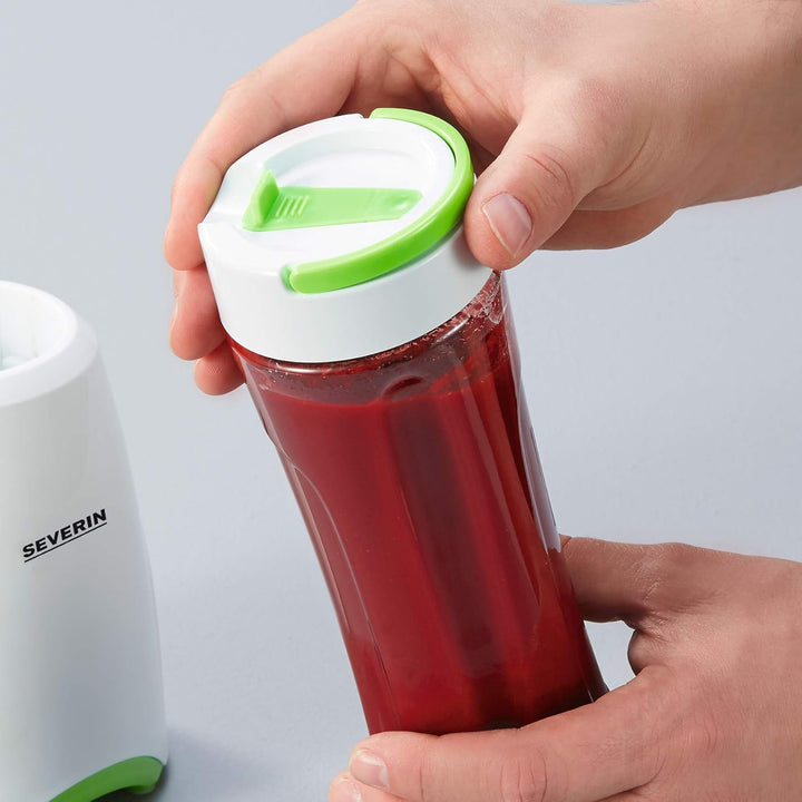 SEVERIN SM 3735 Smoothie Mix & Go (ca. 300 W, 600 ml, Inkl. 2 Trinkbehälter mit Deckel) weiss/grün,