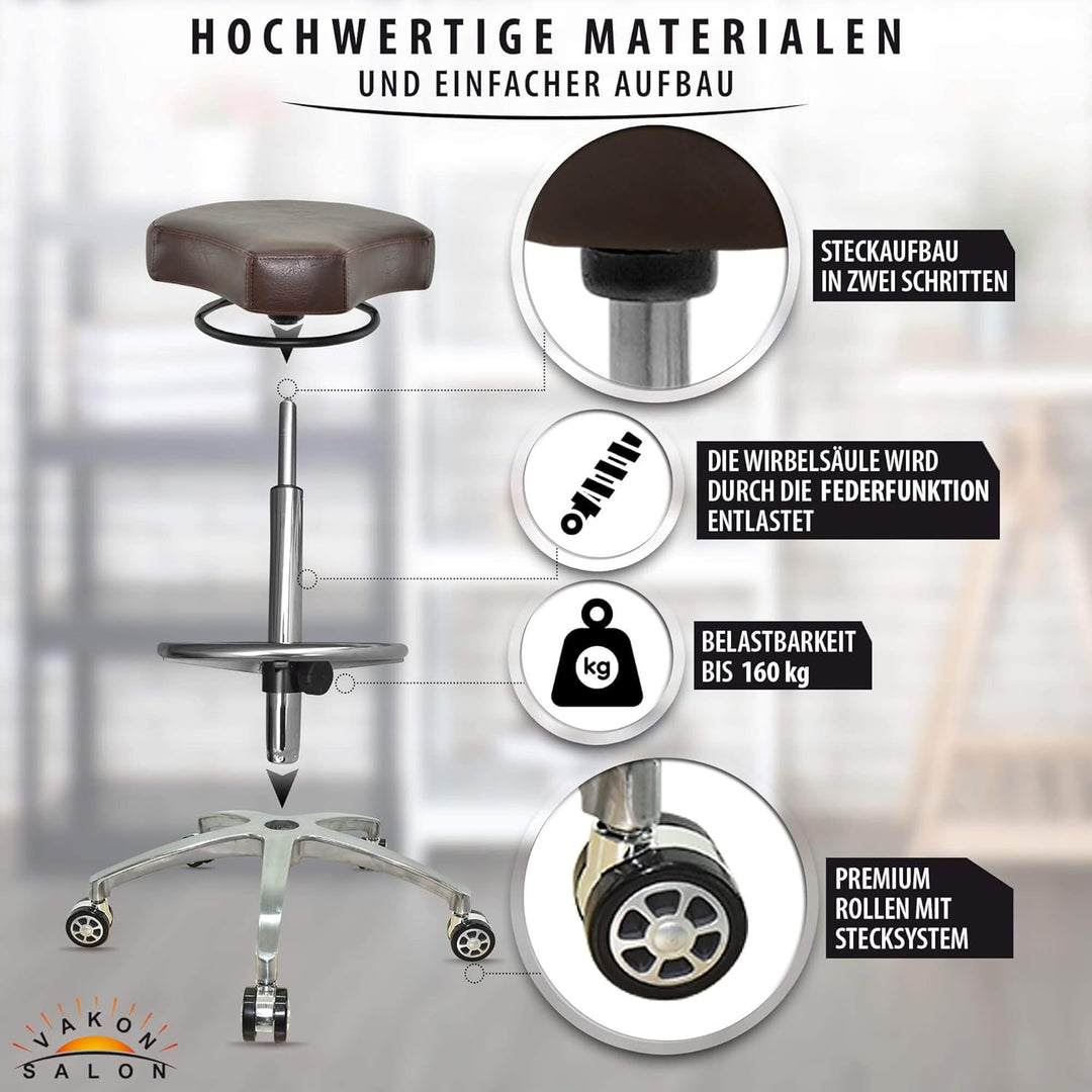 VAKON SALON - Design ergonomischer Rollhocker auf Rollen Braun - Höhenverstellbarer von 55 bis 75 cm
