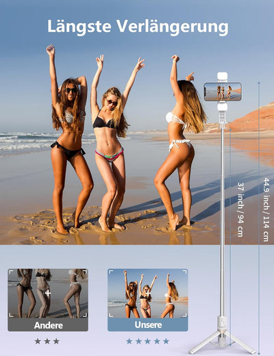 Selfie Stick mit Bluetooth Fernbedienung, Erweiterbarer Extra Lang Reisen Stativ für Smartphone, 360