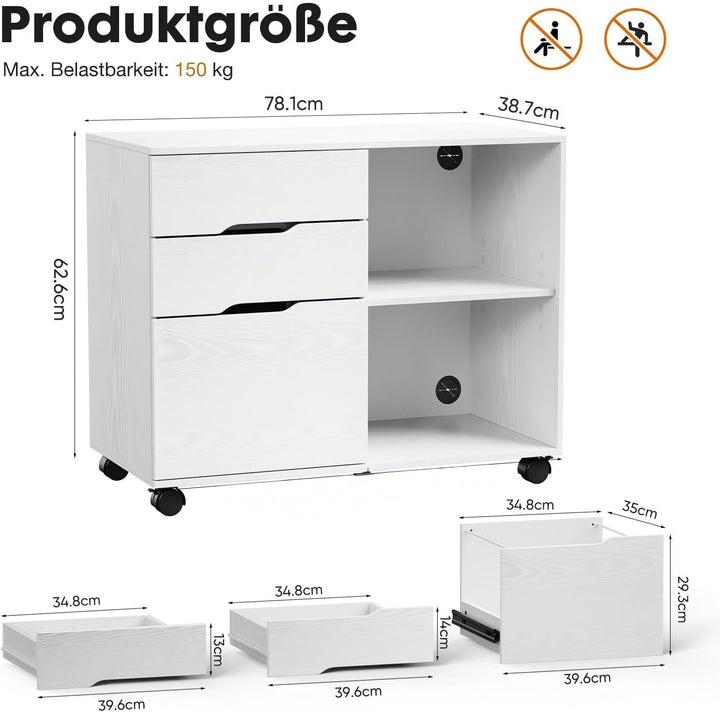 Sweetcrispy Rollcontainer mit 3 Schubladen,Aktenschrank und Druckerschrank mit Rollen,offene Ablage,