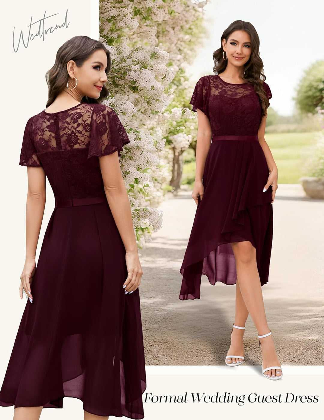 Wedtrend Abendkleid Damen Elegant für Hochzeit High Low Cocktailkleid Chiffonkleid mit Spitzen A Lin