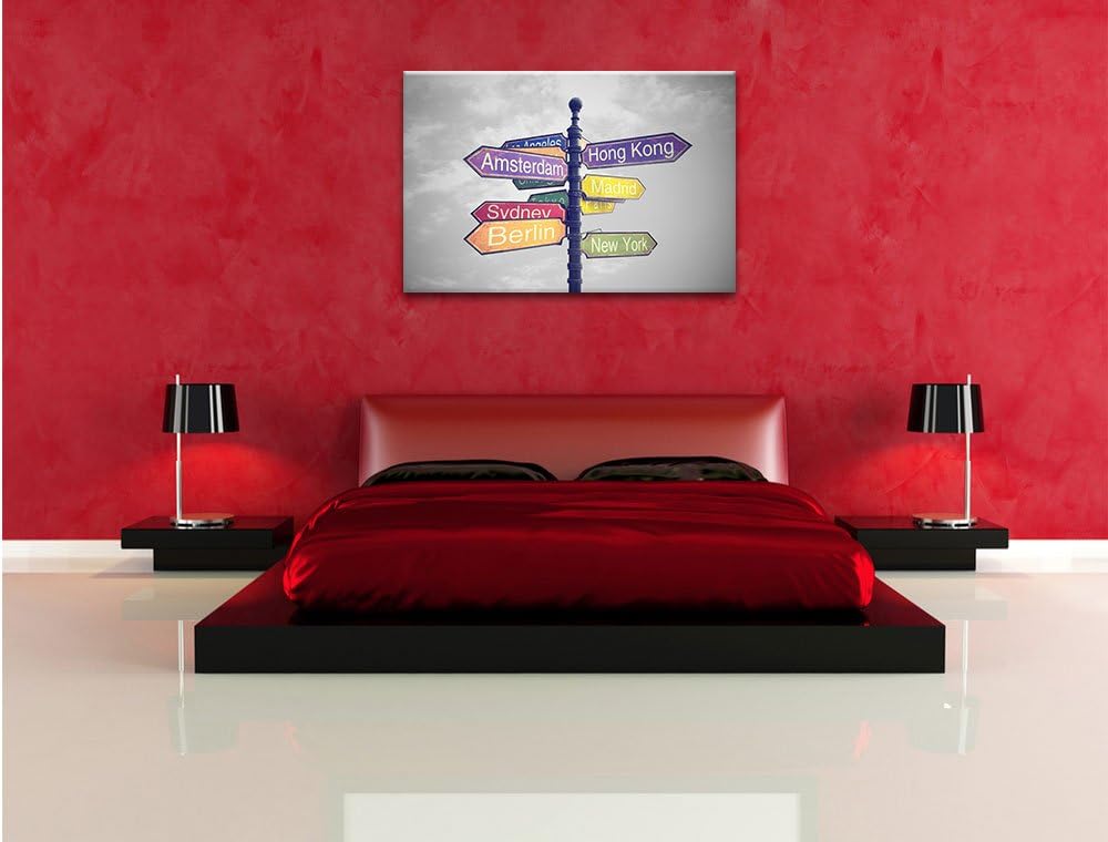 Pixxprint Städte Wegweiser als Leinwandbild/Grösse: 100x70 / Wandbild/Kunstdruck/fertig bespannt, 10