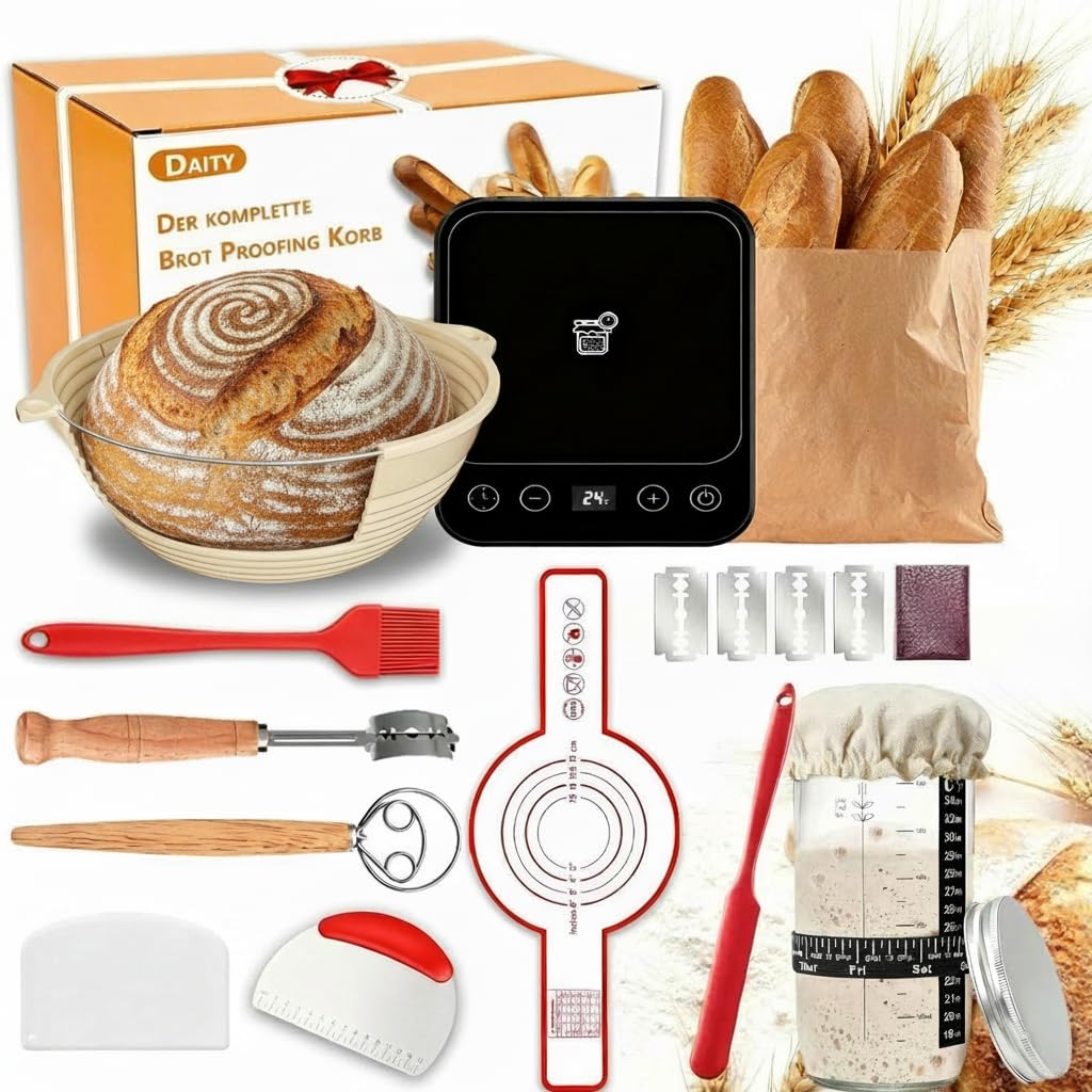 Daity Sauerteig Starter Set, 12-teilig, 25 cm klappbarer Gärkorb, 5