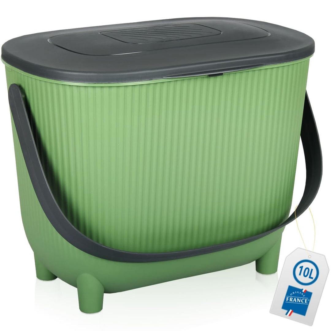 Premium Komposteimer 10L Küche Biomüll Behälter Bio Mülleimer mit Deckel und Aktivkohlefilter (Grün/