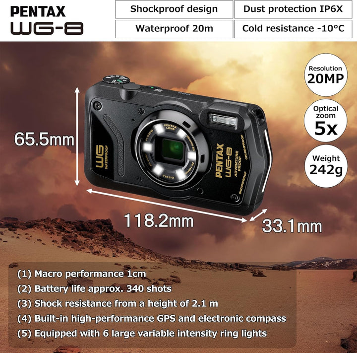 PENTAX WG-8 Schwarze Allwetter-Abenteuerkamera mit hervorragender wasserdichter, staubdichter und st