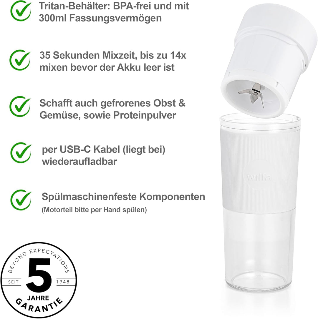 Wilfa SWIFT Akku-Mixer I 300ml Tritan-Behälter BPA-frei I zerkleinert Obst, Gemüse, Gefrorenes & Eis