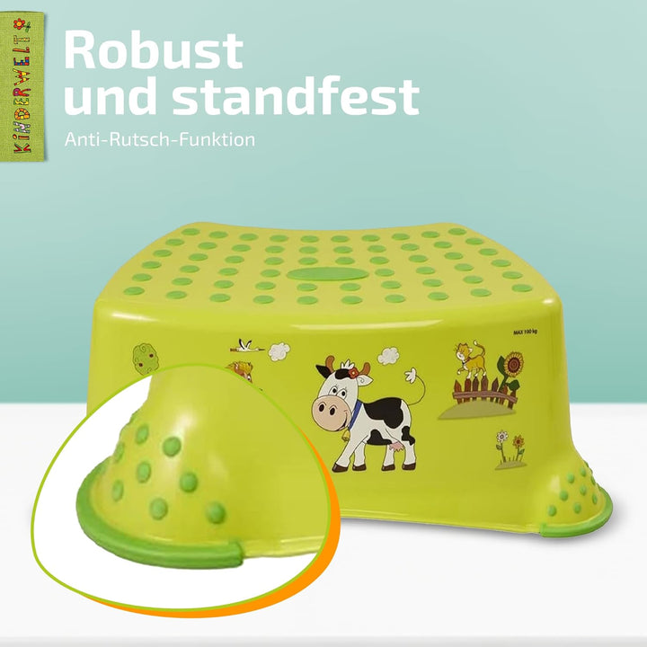 KiNDERWELT Premium Tritthocker für Kinder und Babys, Bauernhof Design in Grün, Tritthocker Stufe für