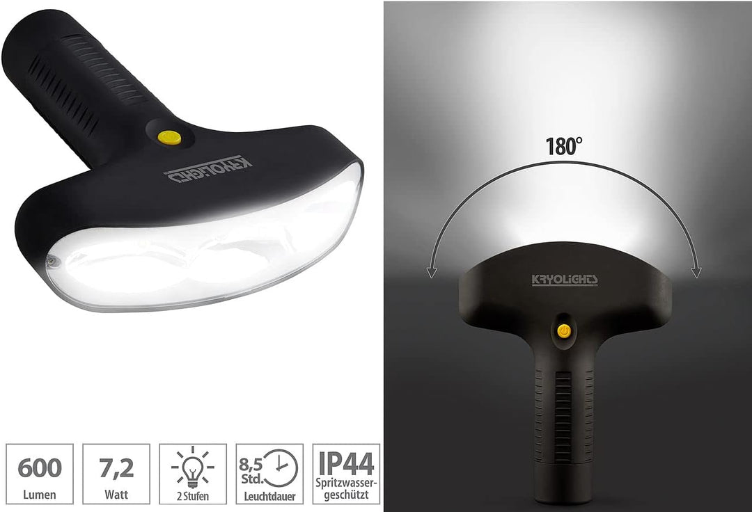 KryoLights Led Batterie Leuchten: LED-Taschenlampe mit 180°-Lichtfeld-Technologie, 600 lm, 7,2 W, IP