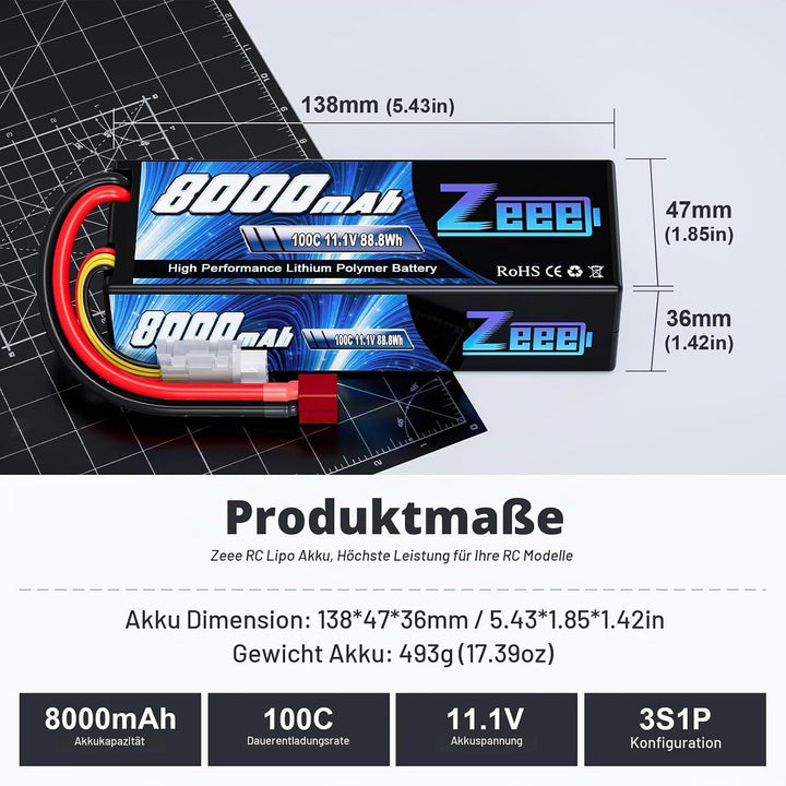 Zeee 3S Lipo Akku 11,1V 8000mAh 100C Hardcase Batterie mit Deans T Stecker für RC Evader BX Auto Car
