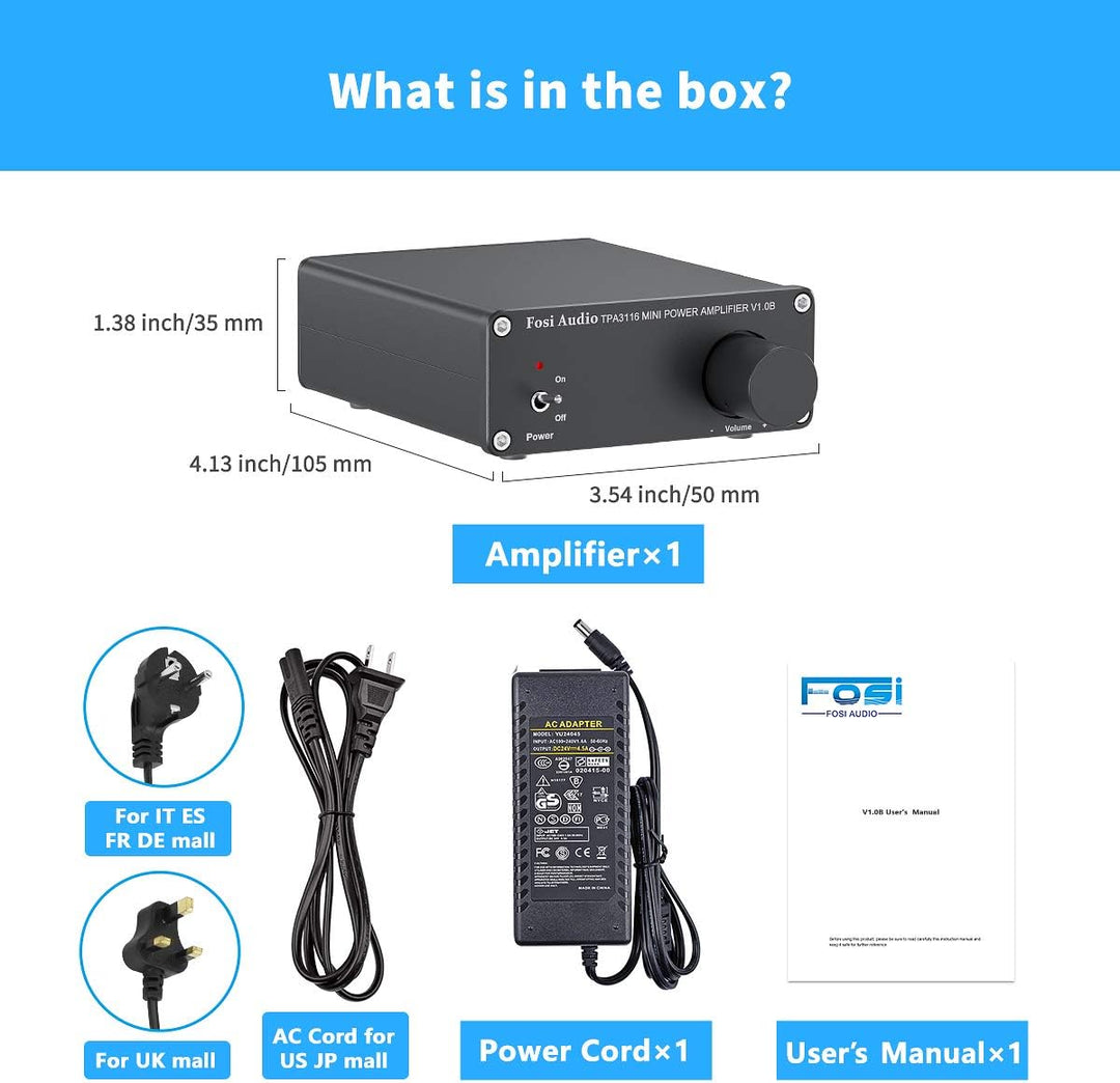 Fosi Audio V1.0B Stereo Verstärker Lautsprecher 50 W x 2, 2 Kanal Audioverstärker Mini-HiFi-Klasse D