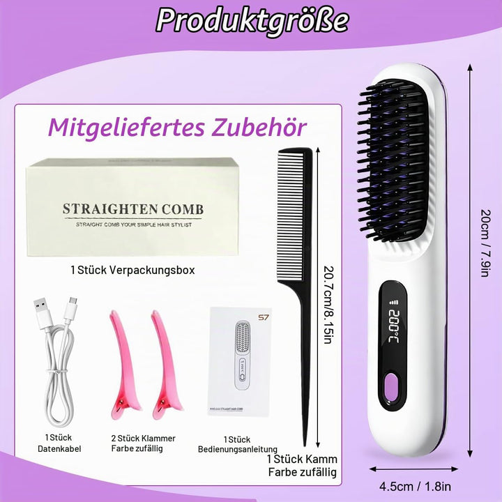 Stylingbürste für Kurze Haare, Kabellose Styling Bürste, Glättbürste Kabellos mit 3 Wärmestufen 160°
