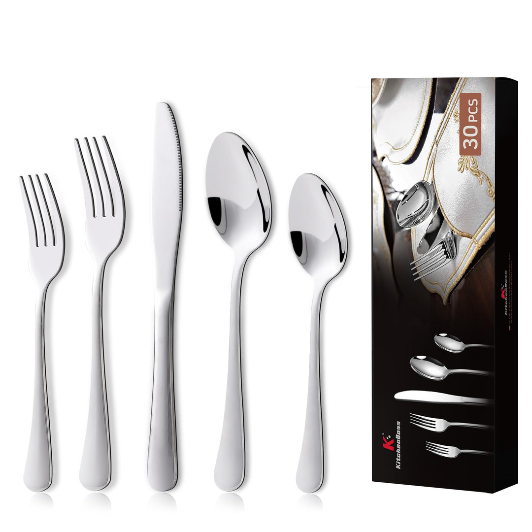 KitchenBoss Besteck Set 6 Personen: Besteckset 30 Teilig, Cutlery Set, Edelstahl Besteck, Essbesteck