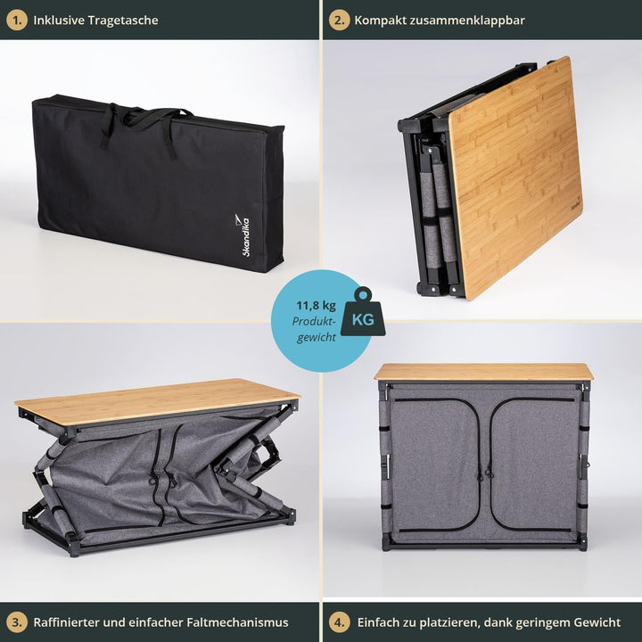 Skandika Campingschrank Triabo |Bambus Arbeitsplatte, Outdoor-Schrank faltbar, 4 Fächer mit festen E