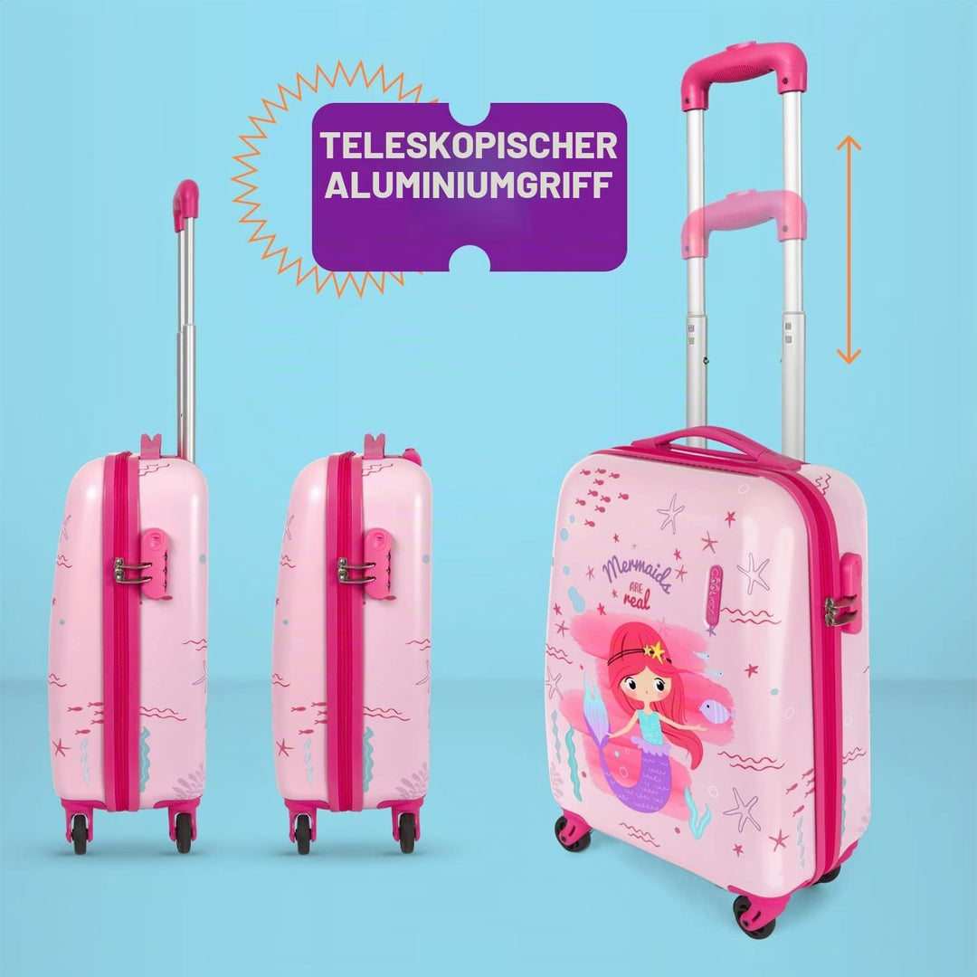 Meerjungrau Koffer Pink für Kleine Mädchen - Kinder Trolley Handgepäck 4 Rollen - Rosa Hartschalen C