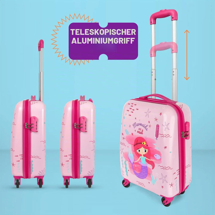 Meerjungrau Koffer Pink für Kleine Mädchen - Kinder Trolley Handgepäck 4 Rollen - Rosa Hartschalen C