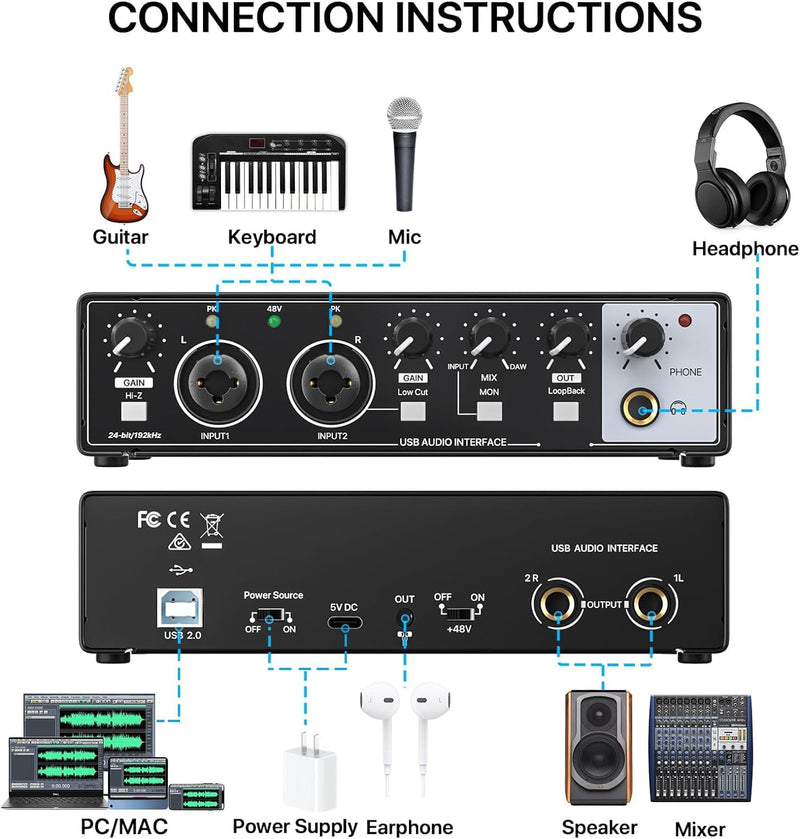 USB Audio Interface, EBXYA 24-Bit/192 kHz USB Soundkarte für Mac, PC, Phone, Mit MIC/XLR/Line Eingän