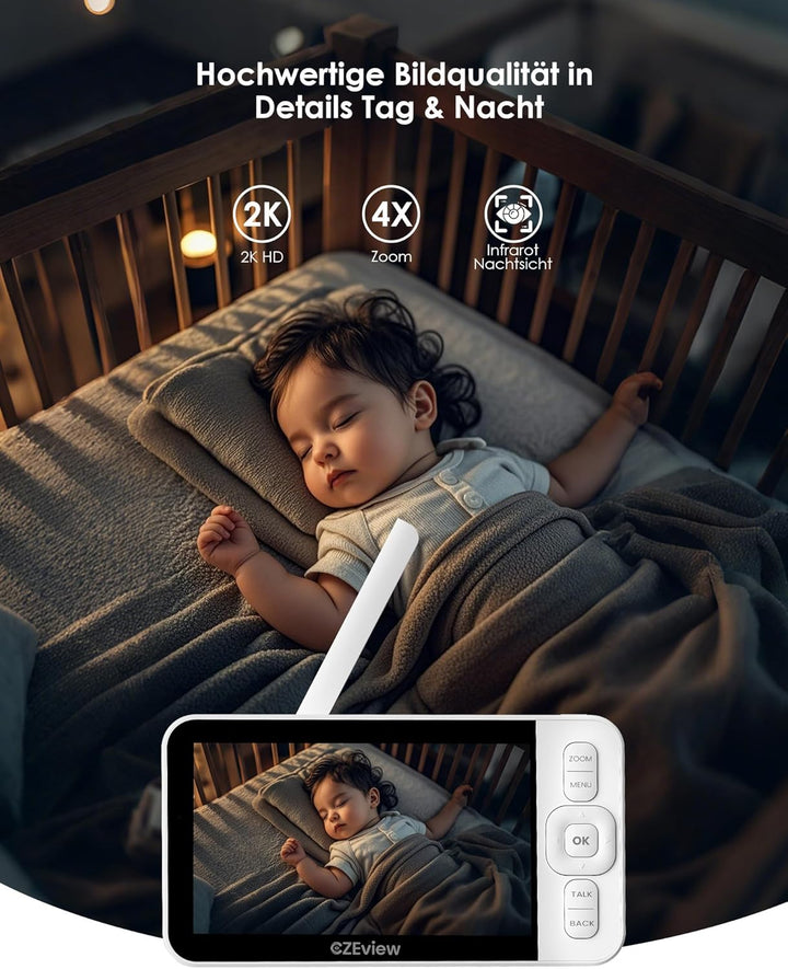 CZEview Babyphone mit 2 Kameras und APP, 2K/5,0 Zoll WLAN Babyfon mit Split-Screen, PTZ 360°, 4× Zoo