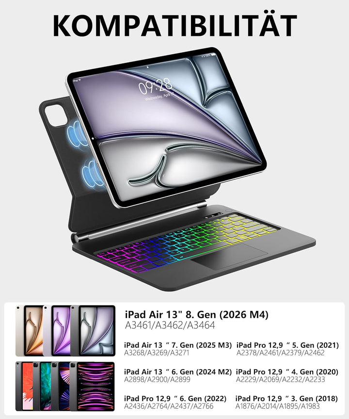 JADEMALL Magic Keyboard für iPad Air 13 M3 2025 & M2 2024-7-Farben Beleuchtung, Trackpad, Magnetisch