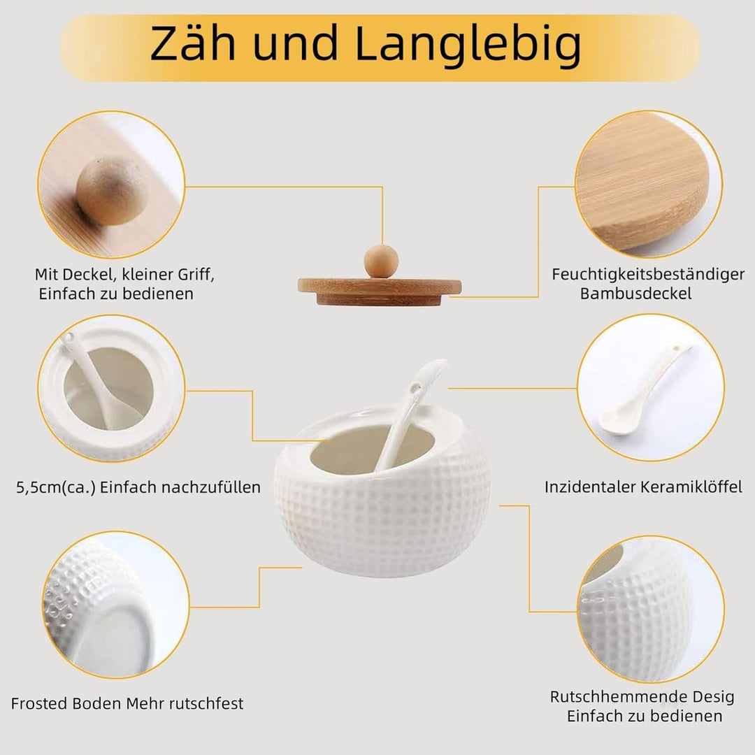 MIATTCLD Keramik Gewürzgläser 3er Set, Zuckerdose Gewürzdosenset mit Bambus Deckel, Löffel und Table