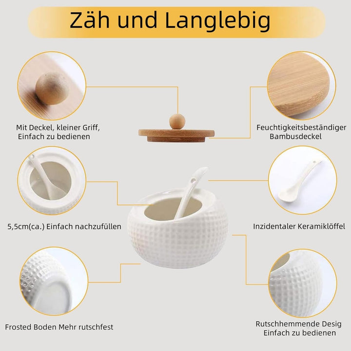 MIATTCLD Keramik Gewürzgläser 3er Set, Zuckerdose Gewürzdosenset mit Bambus Deckel, Löffel und Table