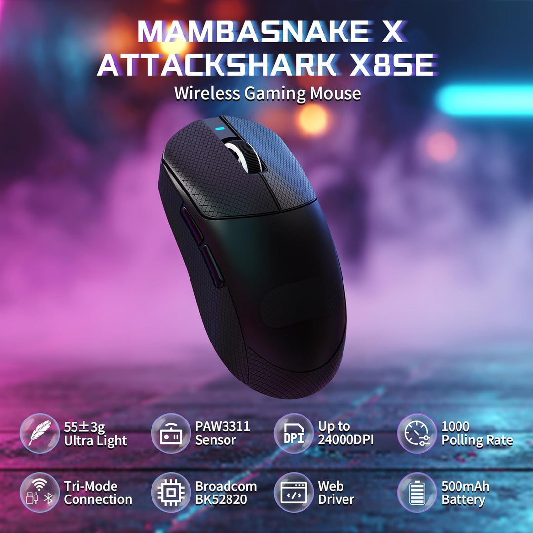 MAMBASNAKE X Attack Shark X8SE 55g ultraleichte kabellose Gaming-Maus mit Band–25000 DPI,PAW3311 Sen
