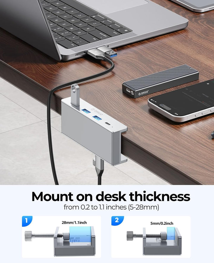 ORICO USB Hub, Aluminum USB 3.0 Hub Clip mit 5V Stromversorgungsanschluss, 5Gbps 4 Port USB Verteile