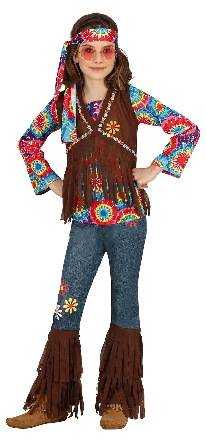 FIESTAS GUIRCA Happy Hippie Mädchen Kostüm – 70er Jahre Outfit mit Hippie–Stirnband, buntem Batik Ob