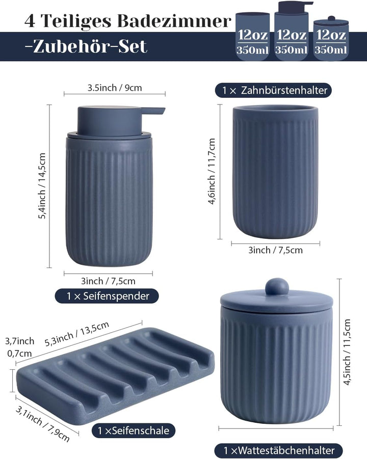 Badezimmer Set Blau, 4-teilig Keramik Bad Zubehör - 350 ml Seifenspender, Zahnputzbecher, Seifenscha