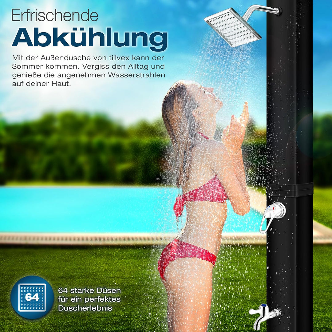 tillvex Solardusche 40 Liter inkl. Schutzhaube | Solar Garten-dusche warmes Wasser | Pooldusche Camp