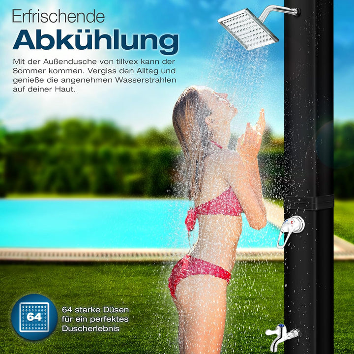 tillvex Solardusche 40 Liter inkl. Schutzhaube | Solar Garten-dusche warmes Wasser | Pooldusche Camp
