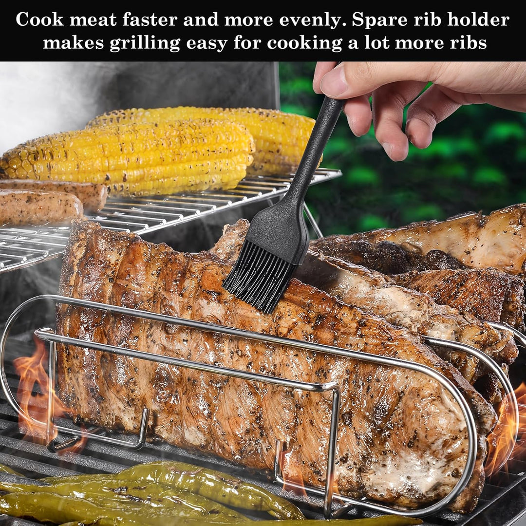 Spareribs Halter Grill, Edelstahl Rippchenhalter, BBQ Rib Rack mit Öl-Pinsel und Grillzange, Geeigne