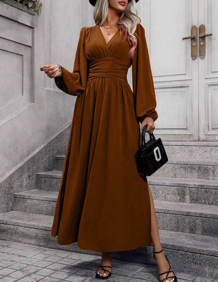 Damen Kleid 2.0 Elegant Langarm V-Ausschnit Tunika Maxikleider Casual Hohe Taille Saumschlitz Cockta