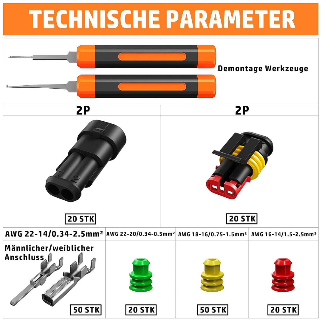 PEBA Crimpzange Wasserdicht Kfz Stecker Set, Crimpzange 0.34-2.5mm² mit 2-Polig Steckverbinder für A