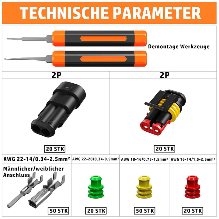 PEBA Crimpzange Wasserdicht Kfz Stecker Set, Crimpzange 0.34-2.5mm² mit 2-Polig Steckverbinder für A