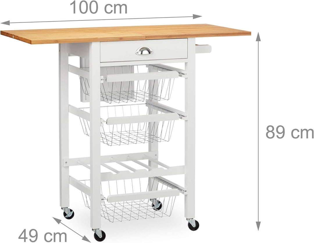 Relaxdays Küchenwagen, Küchenbutler mit klappbarer Arbeitsplatte, Landhausstil, 3 Körbe, Messerblock