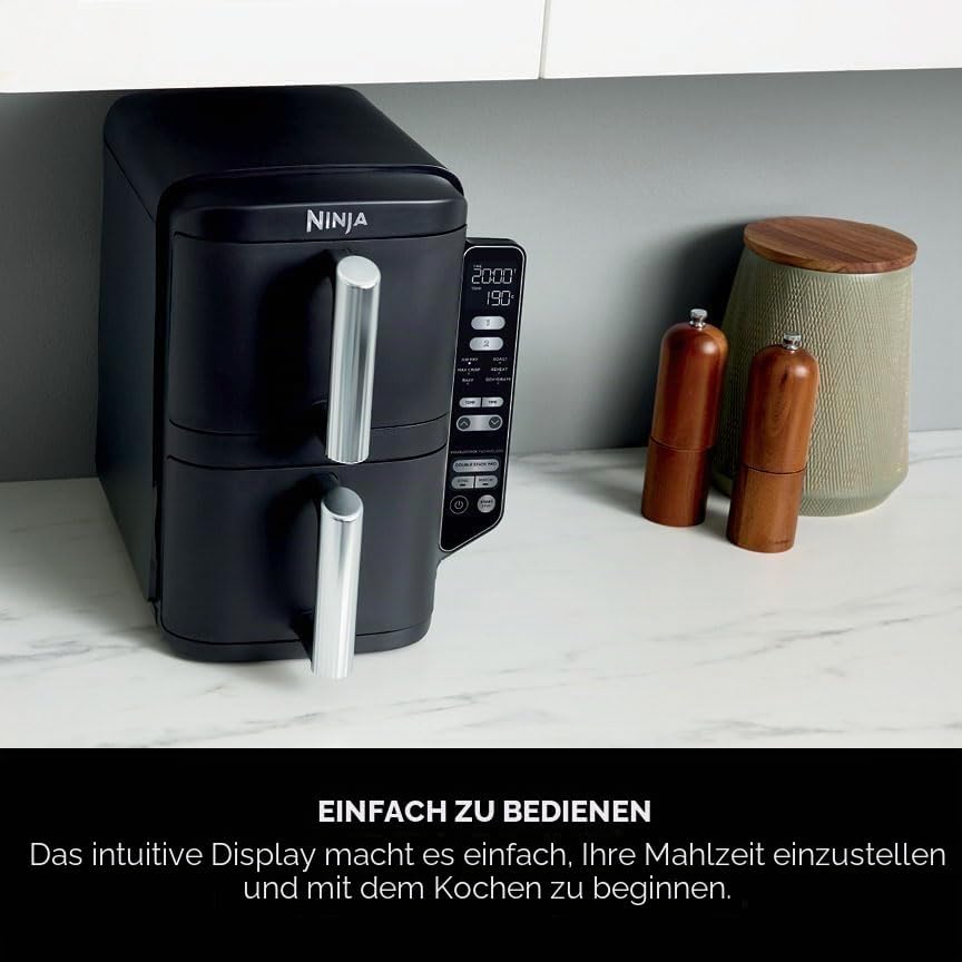 Ninja Doppelstapel-Luftfritteuse, vertikale Doppelschublade, Luftfritteuse mit 4 Kochstufen, 2 Schub