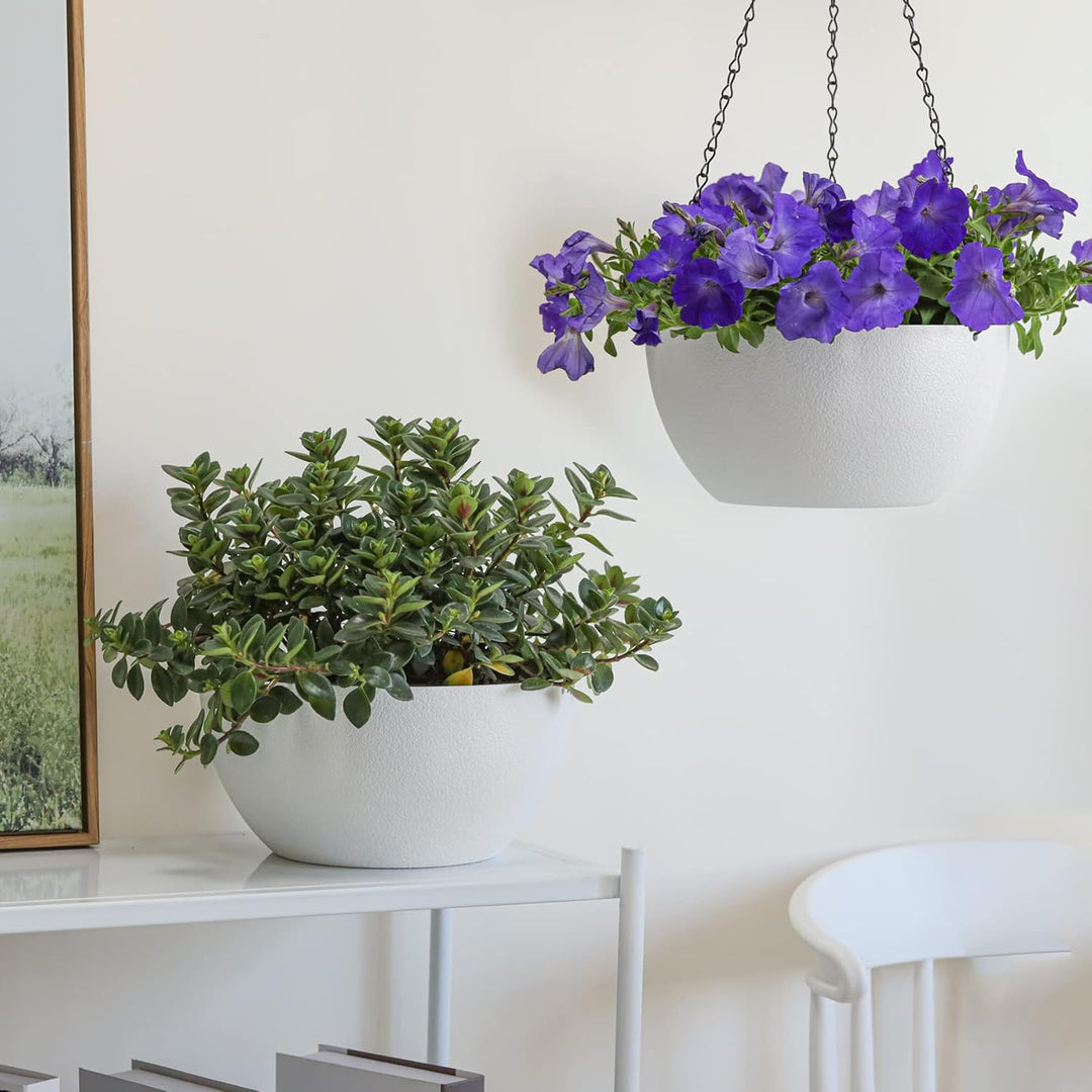 T4U Blumentopf Hängend Plastik 2er Set, Φ25CM Hängetopf Pflanzen Weiss, Blumenampel mit Haken Rund,